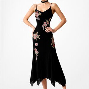 Vintage Black Silk Floral Beaded Embroidered Ruffle Midi Formal Cocktail Dress S